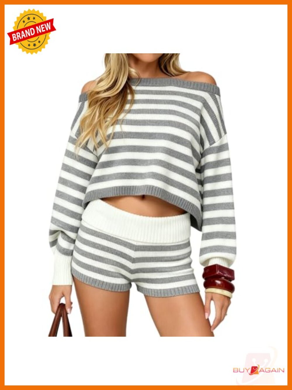 Women Striped Sweater Set Long Sleeve Sweater and Shorts 2 Piece Loungewear Set